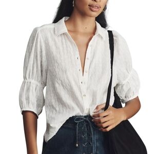 Pilcro Tallulah Puff Sleeve Blouse Button Down Front White Boho Feminine , XL